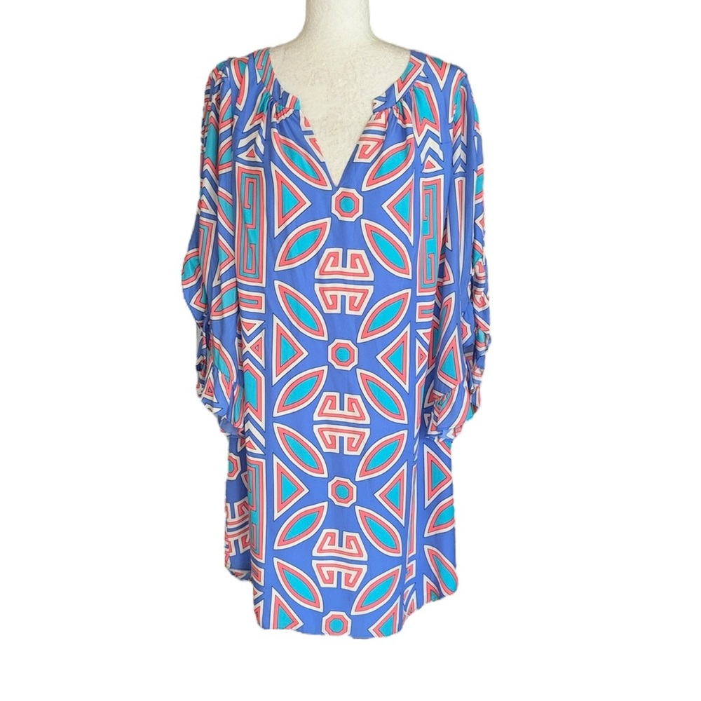 LN Alice & Trixie Silk Blue Geometric Print Ruffle Sleeve Tunic Mini Dress - L